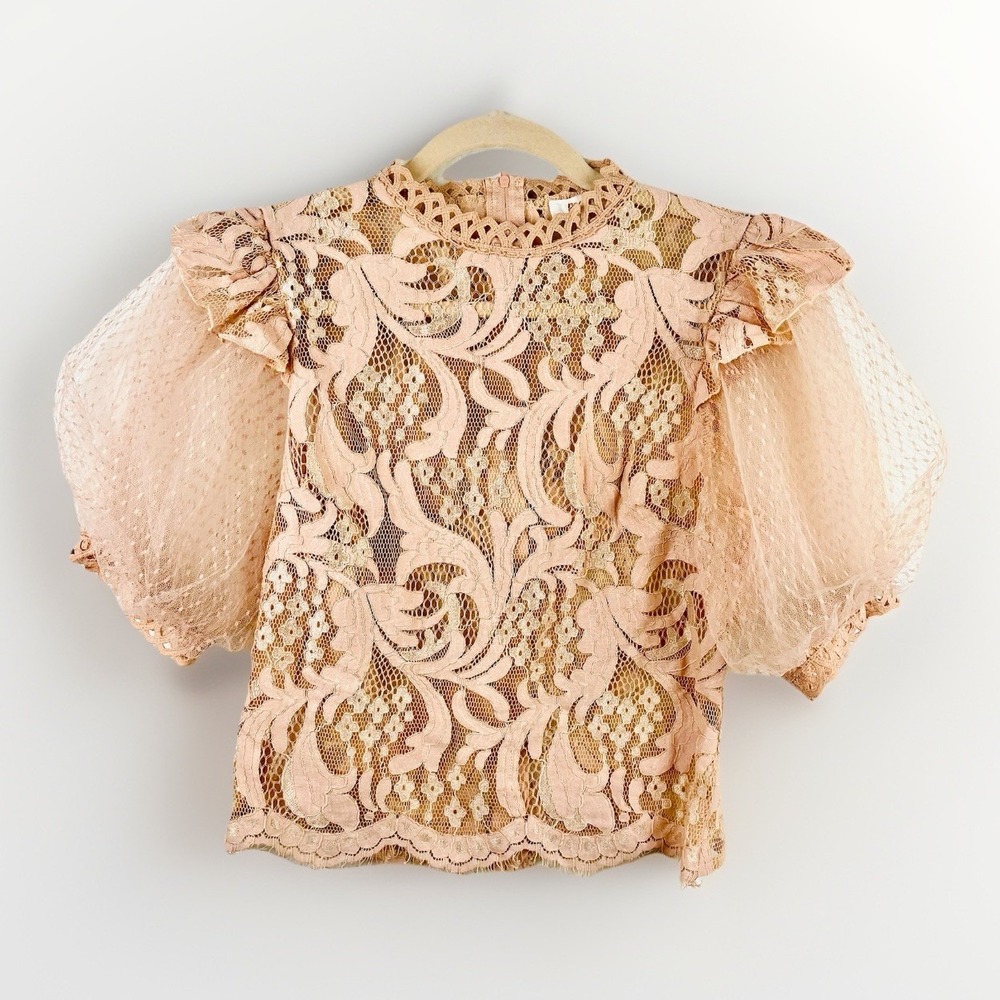 Peach Lace Blouse Top Medium Sheer Puff Sleeve‎ Mock Neck Goth Fairy Coquette
